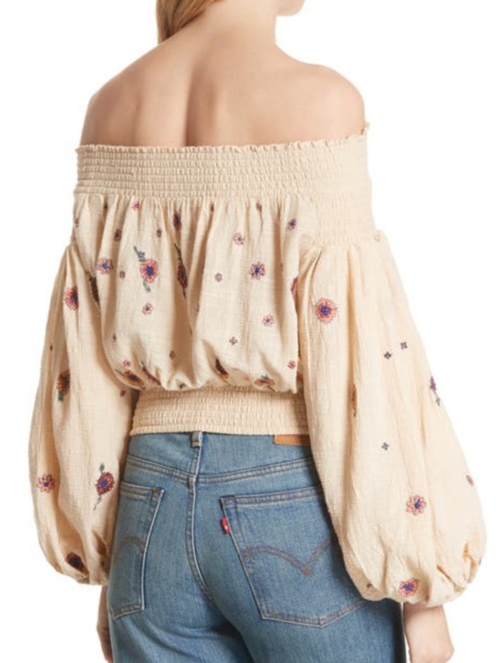Free People Saachi Smocked Off-Shoulder Embroidered Peasant Top Size Large - Picture 2 of 11